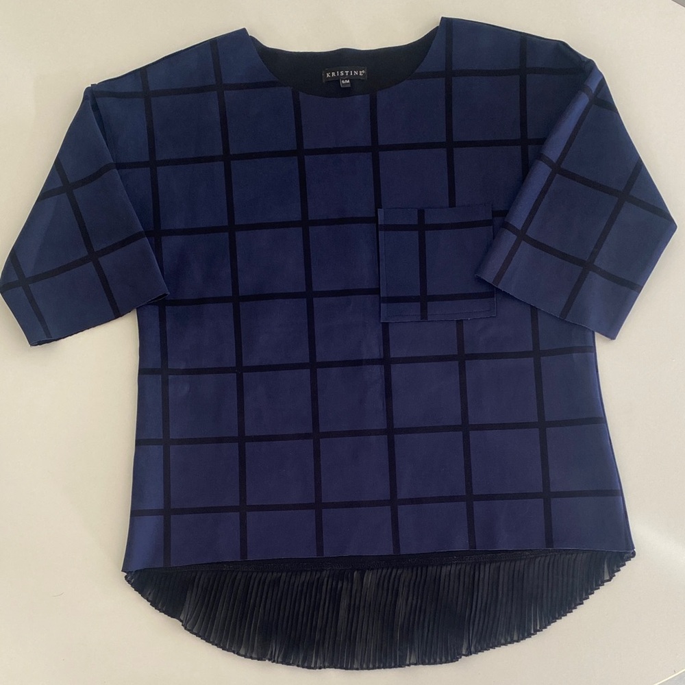 Blue Checkered Faux Suede Women's Blouse